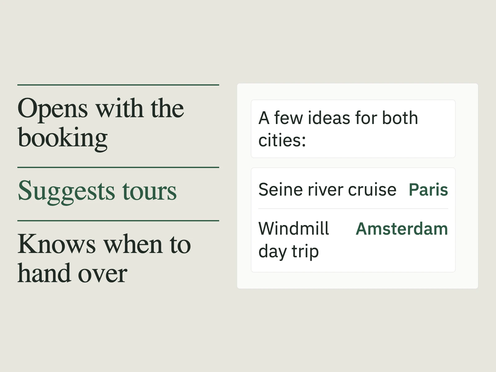 Illustration of the concierge’s workflow: it opens with the guest’s booking, suggests tours for the trip, and passes a change request to a person in support.