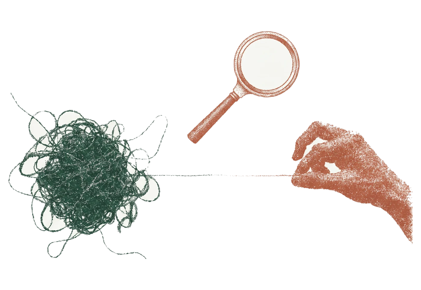 A tangle of thread, a magnifying glass and a hand drawing one strand out of it.