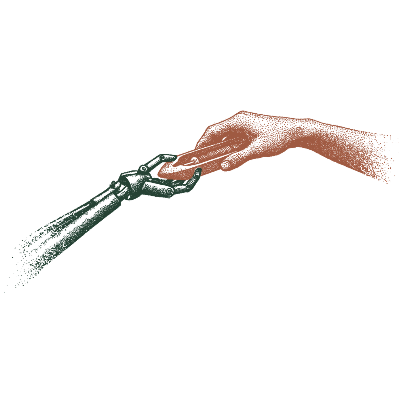 A robot hand and a human hand meeting over a weaving shuttle.
