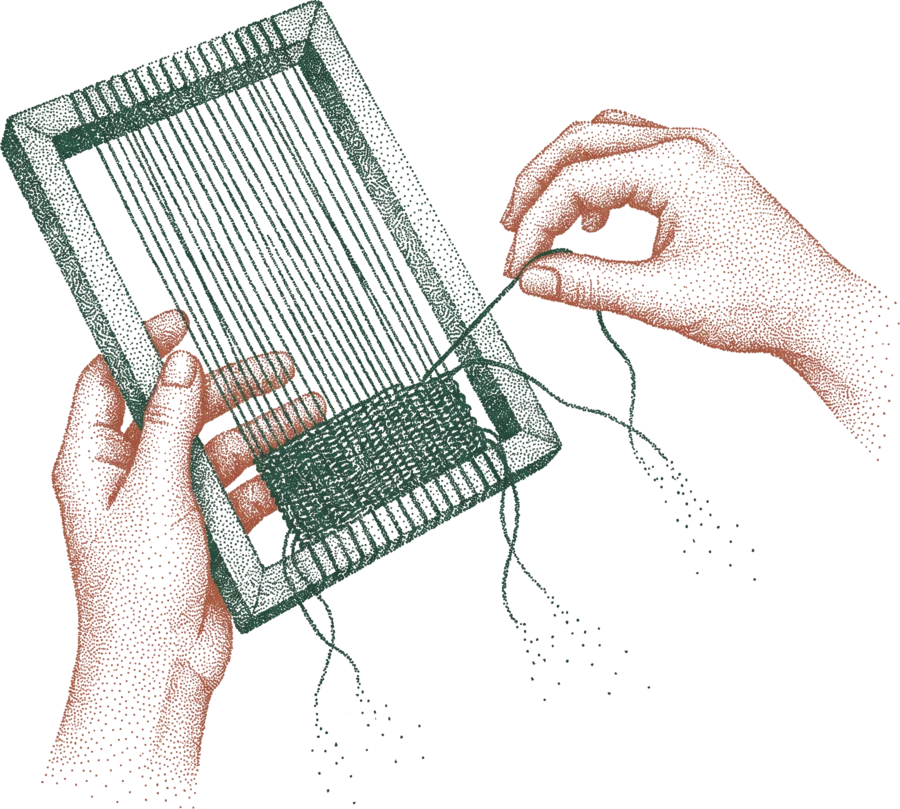 Hands holding a small weaving frame with the first rows of a test weave finished.
