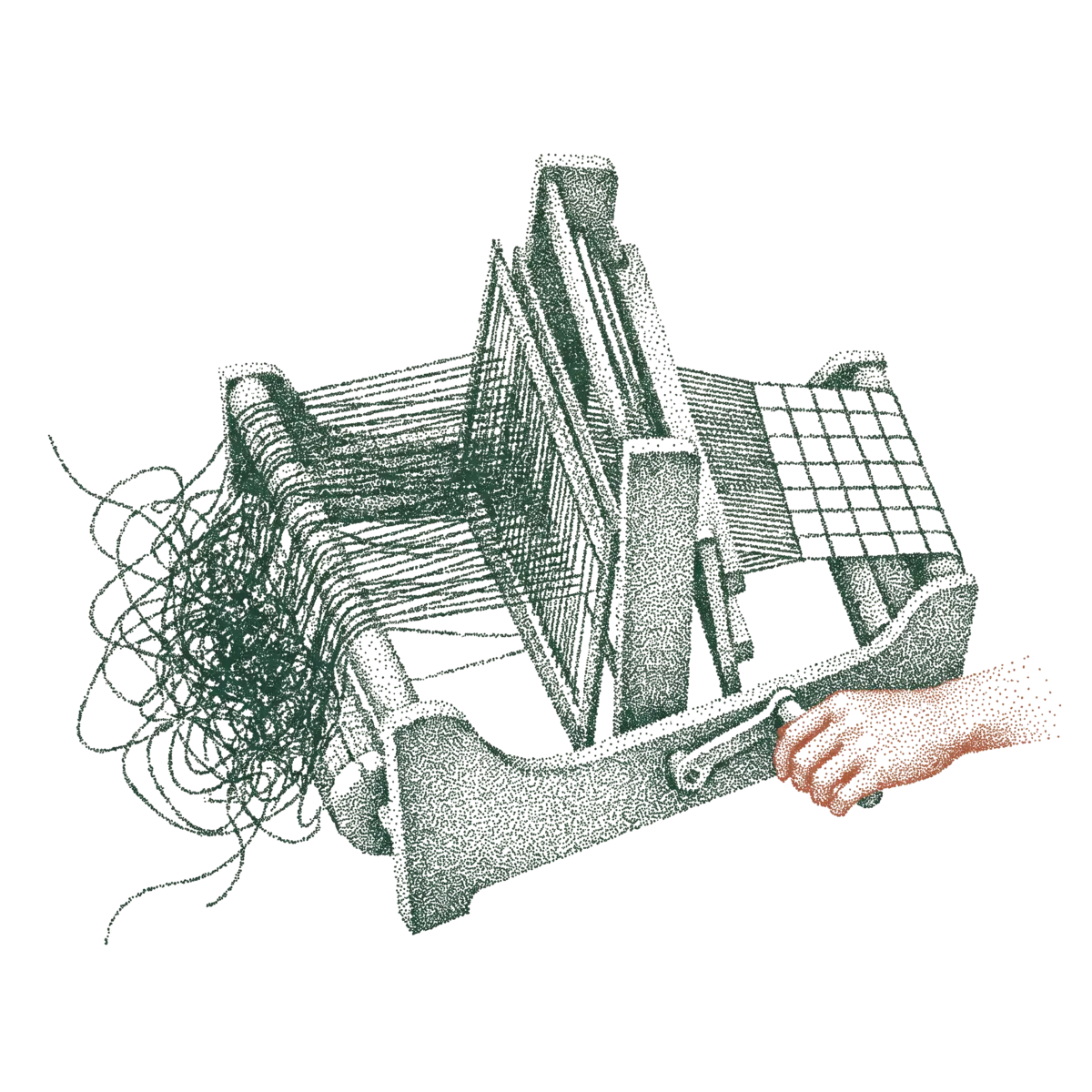 A loom being assembled, raw thread feeding in on one side and finished cloth on the other.