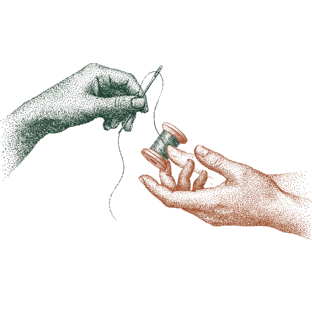 One hand passing a spool of thread to another hand.