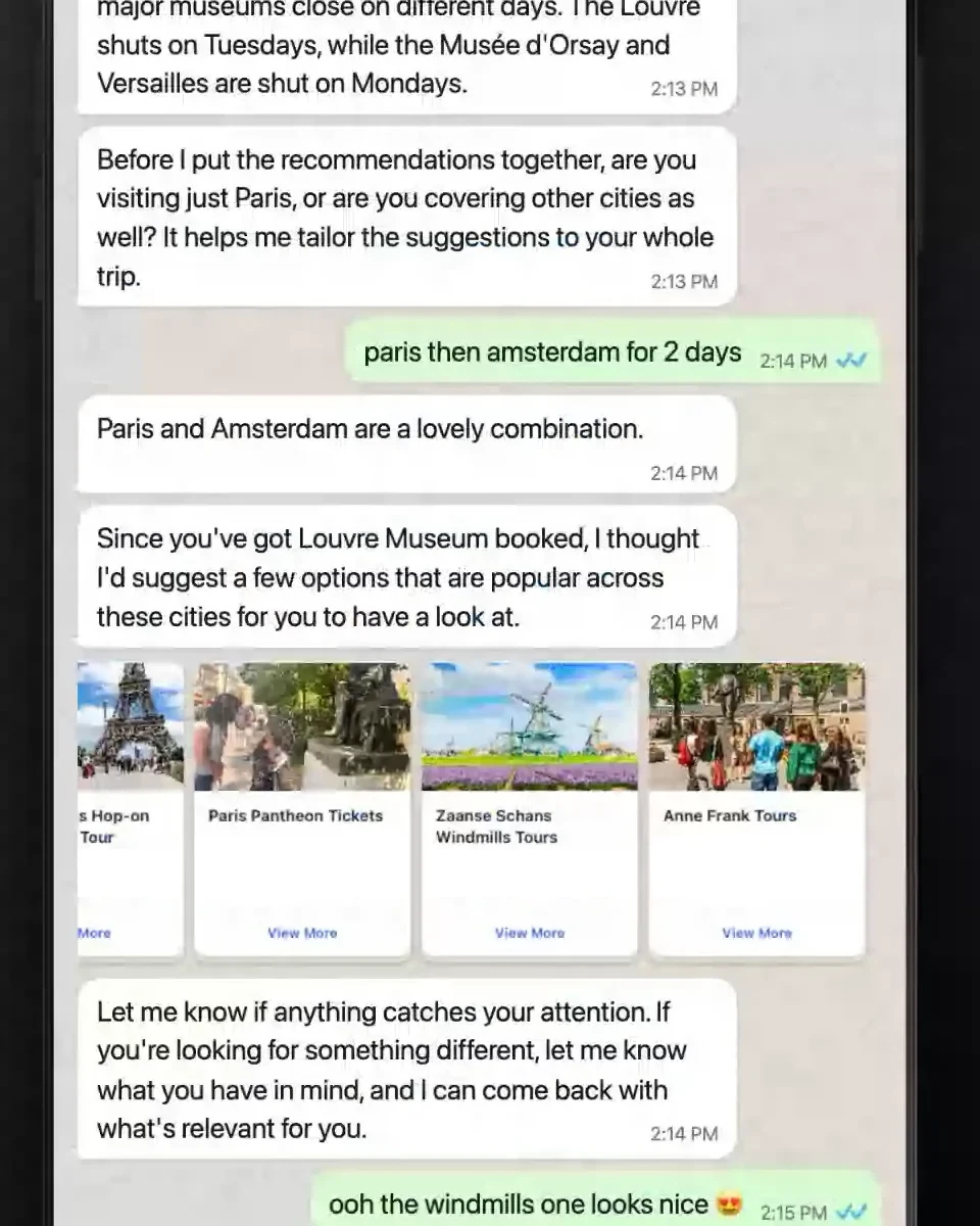 Recommendations for the guest’s next city, shown as cards in the chat.