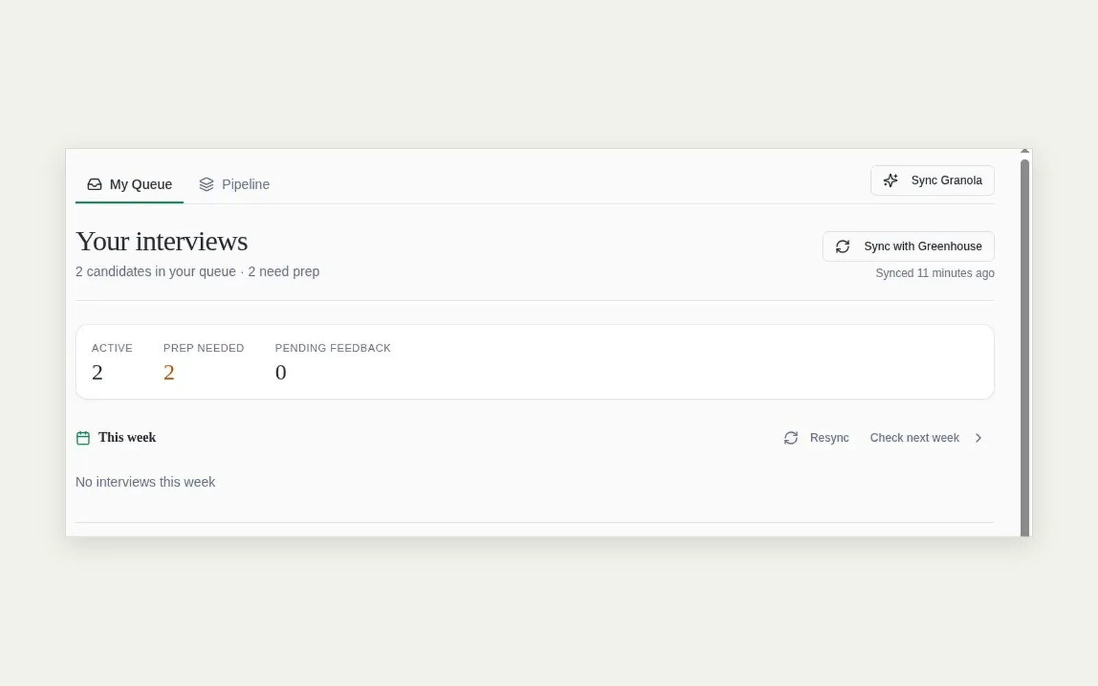 An interviewer’s queue showing interviews to prepare for and feedback pending.