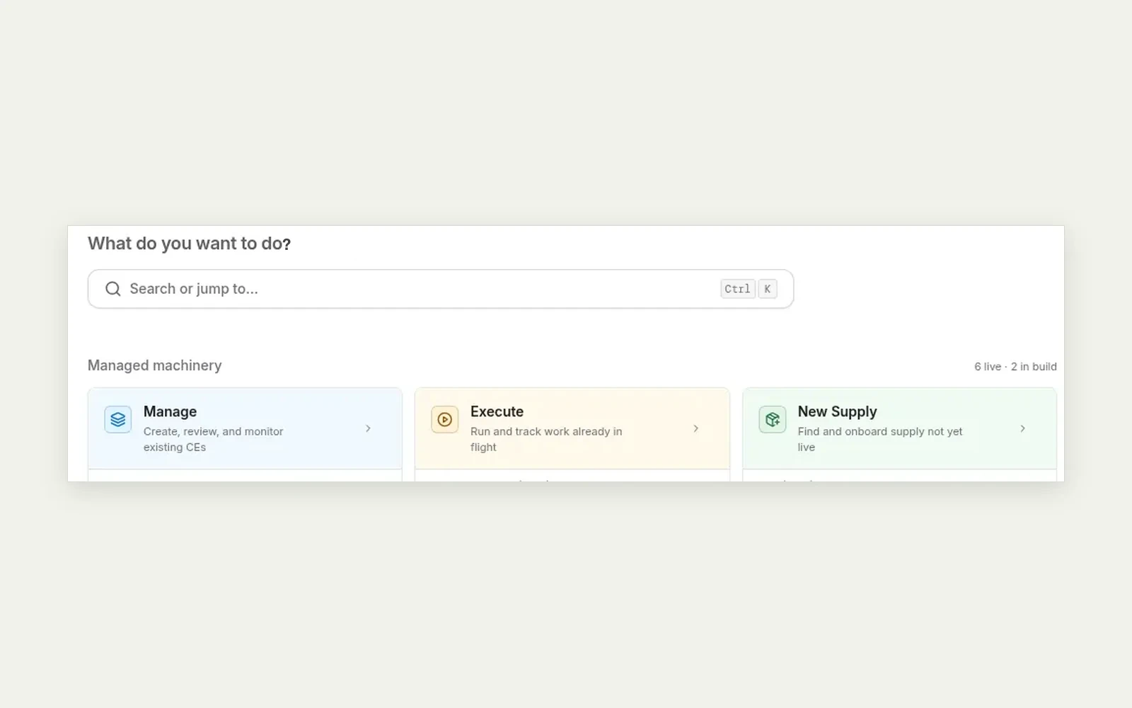 The workspace home, asking what the growth manager wants to do, with routes to manage, execute and find new supply.